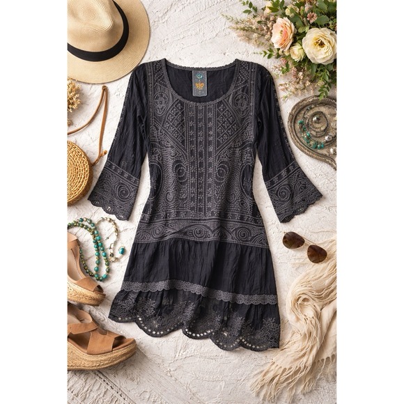 Johnny Was Dresses & Skirts - Johnny Was Dress S Black Tonal Sheer Embroidered Tunic Boho  Peasant Lace Hem